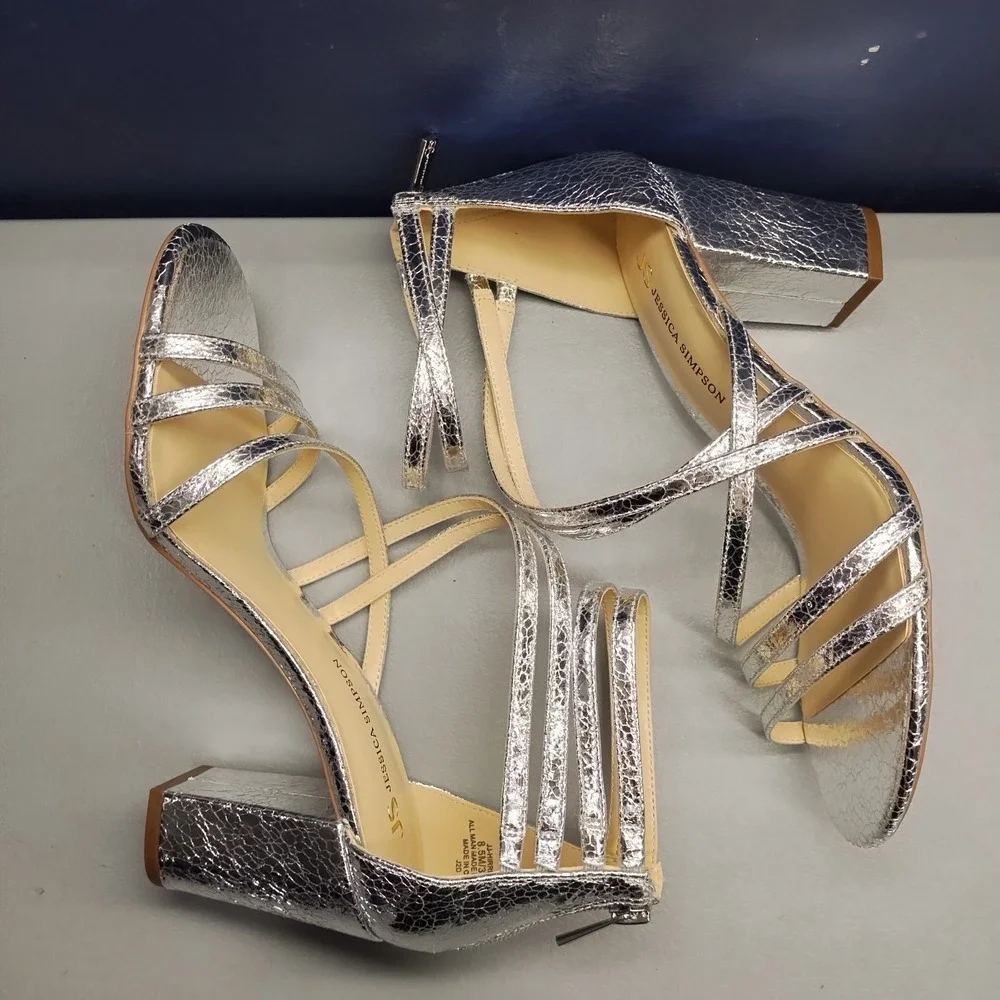 Jessica Simpson Hirrine Heeled Sandals Womens US‎ 8.5M Silver Synthetic Back Zip